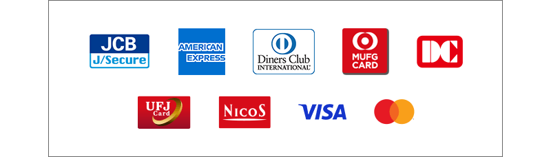 JCB、American Express、Diners Club、MUFG、DC、UFJ 、NICOS、VISA、Master