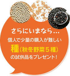 さらにいまなら…個人で少量の購入が難しい種（秋冬野菜5種）の試供品をプレゼント！